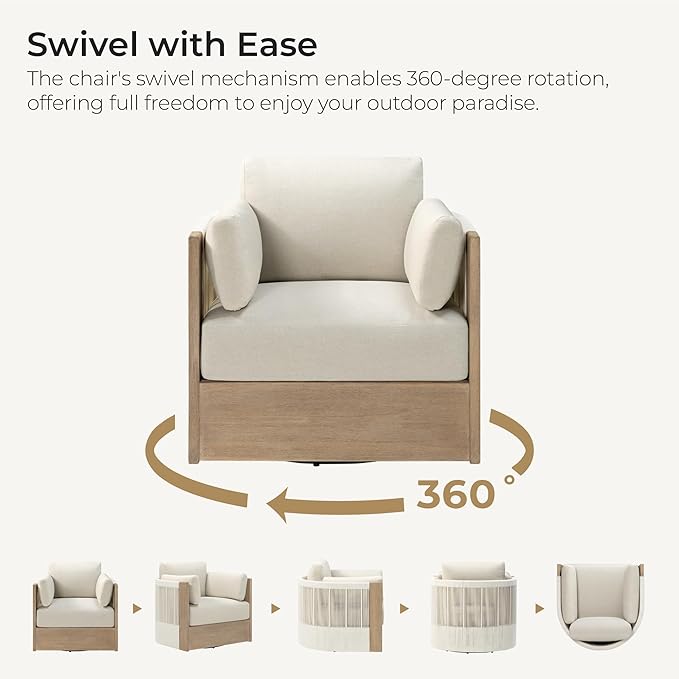 CHITA Boho Patio Rattan 360° Swivel Chair, Outdoor Wicker Furniture with 7.9″ Thickened Cushions and 2 Arm Pillows, Acacia Wood Frame, Fully Assembled(Cream)