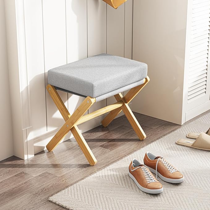 Foldable Foot Stool Ottoman, Modern Foot Rest with Bamboo X Legs & Thick Foam Cushion, Folding Foot Stools Small Padded for Bedroom Living Room, Footstool for Chair Couch (Natural - Grey)