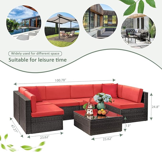 Devoko 7 Pieces Outdoor Sectional Sofa Patio Furniture Sets Manual Weaving Wicker Rattan Patio Conversation Sets with Cushion and Glass Table (Red)