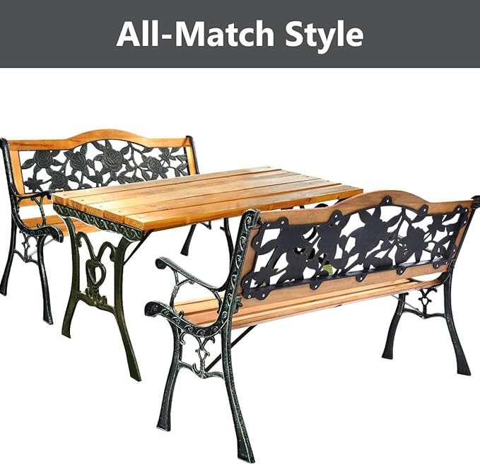 Giantex 50 Inch Patio Bench, Outdoor Furniture Rose Cast Iron Hardwood Frame Porch Loveseat, Weather Proof Porch Path Chair for 2 Person Outside Bench
