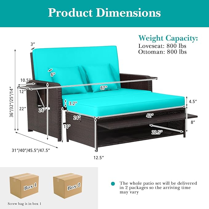 HAPPYGRILL Patio Rattan Wicker Daybed with Loveseat & Storage Ottoman, Outdoor Lounge Sofa Furniture Set with Adjustable Backrest & Side Trays, for Poolside Deck Porch Lawn (Mix Brown & Turquoise)