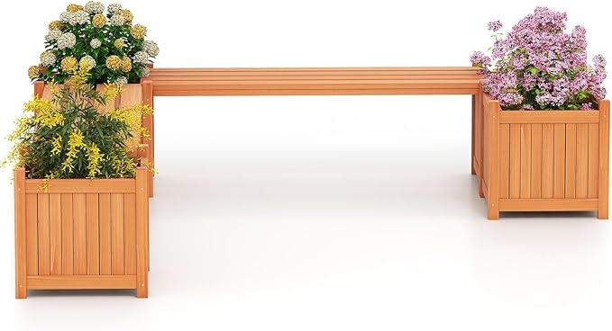 Giantex 4-in-1 Outdoor Bench with 4 Planter Boxes, Wood with Teak Oil Finish, Garden Bench Seat with Raised Garden Beds for Porch Balcony Lawn Yard, DIY Assembly, Orange