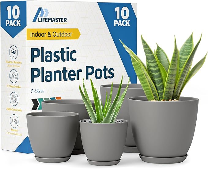 Planter Pots with Drainage Holes - Lightweight, Durable & Space-Saving Pots for Indoor and Outdoor - Versatile Functionality, Simple Modern Design, Set of 10 Plastic Planter Pots - Gray