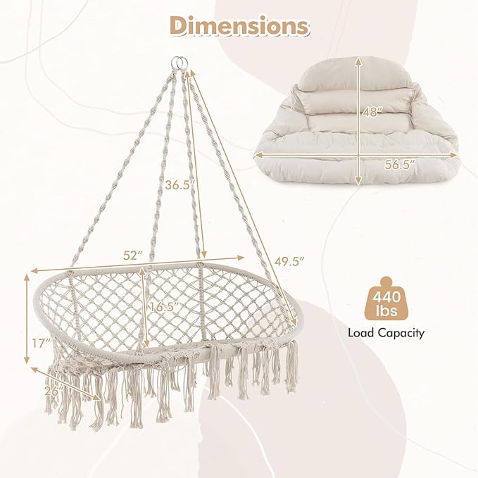 Tangkula 2-Person Hanging Hammock Chair, Boho Style Macrame Hammock Swing with Soft Cushions, Tassels, Indoor Outdoor Cotton Rope Hanging Swing Chair for Bedroom, Porch, Balcony