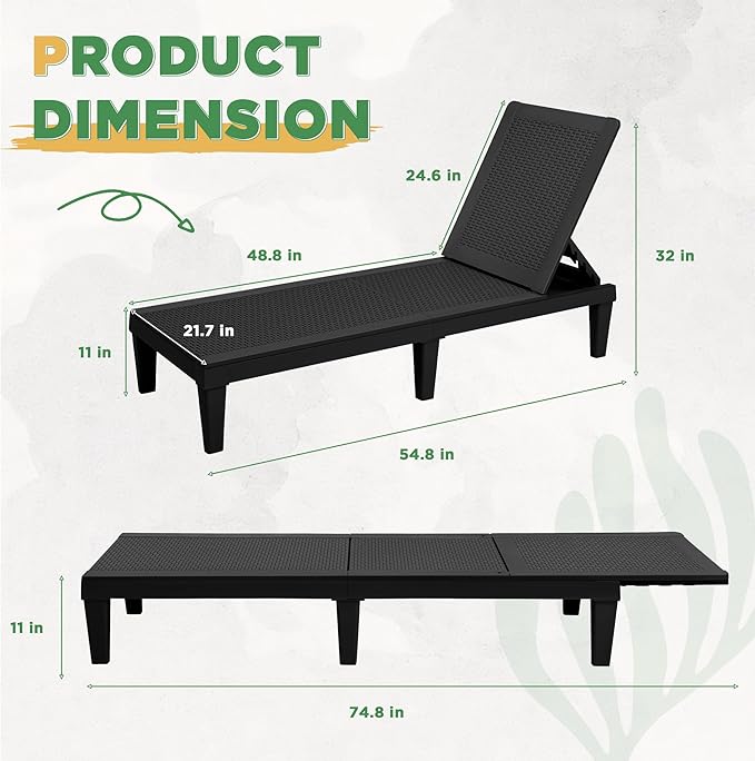 Greesum Outdoor Chaise Lounge Chairs Set of 4 with 5-Position Adjustable Backrest, Waterproof PP Sun Chaise Loungers for Garden Pool Beach Patio Deck Sunbathing, Black