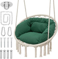 Monibloom Hanging Hammock Chair w/Dark Green Cushion, Porch Macrame Swing Chair Hanging Chairs, Max 350 Lbs Capacity Hanging Swing for Adults & Teens, Comfy Hammock for Relaxing Reading Napping, White