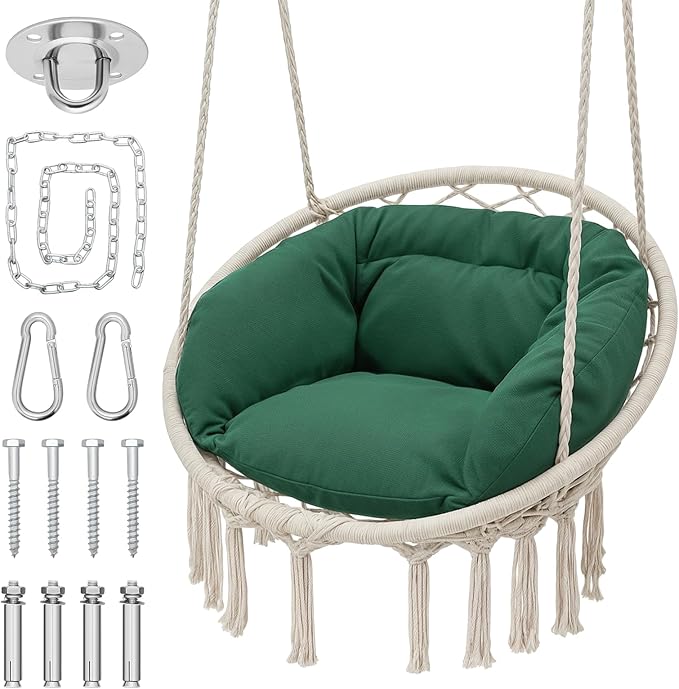 Monibloom Hanging Hammock Chair w/Dark Green Cushion, Porch Macrame Swing Chair Hanging Chairs, Max 350 Lbs Capacity Hanging Swing for Adults & Teens, Comfy Hammock for Relaxing Reading Napping, White
