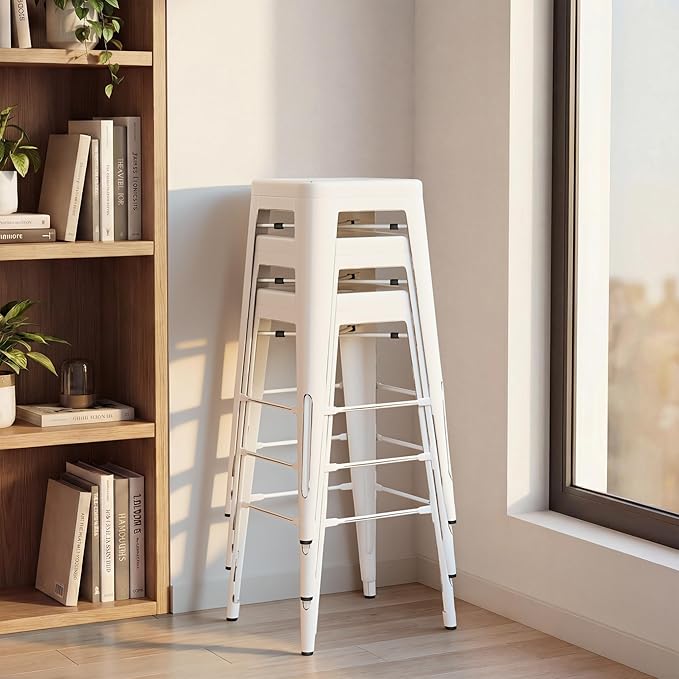 Shahoo 30 Inches Metal Bar Stools Counter Height Stackable Backless Stools, Industrial Patio Stools Indoor Outdoor Metal Kitchen Stools Set of 4 (Distressed White, 30'')