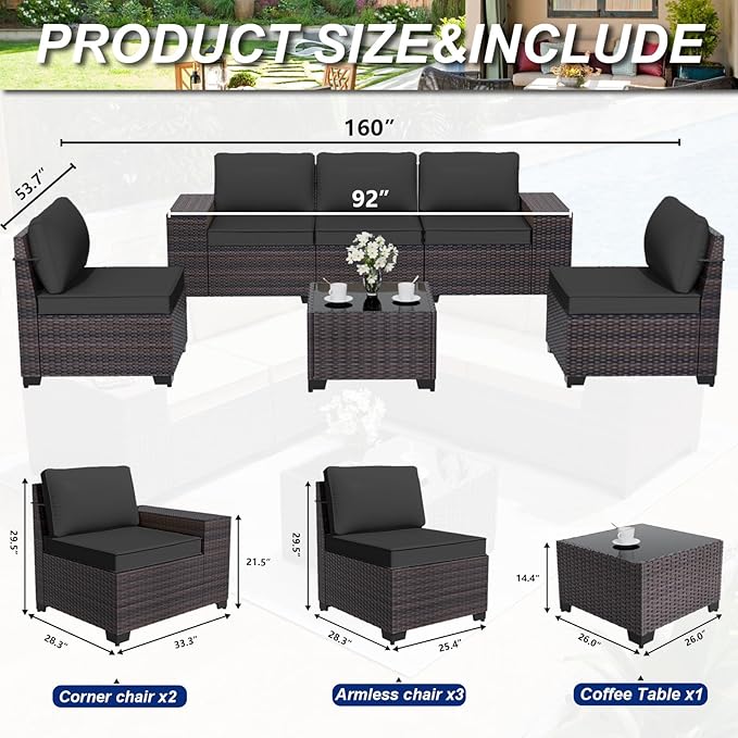 ALAULM 6 Pieces Patio Furniture Set, Oversized Seat/Armrest and High Back Wicker Sectional Furniture Set with Thick Cushion for Backyard, Garden, Black