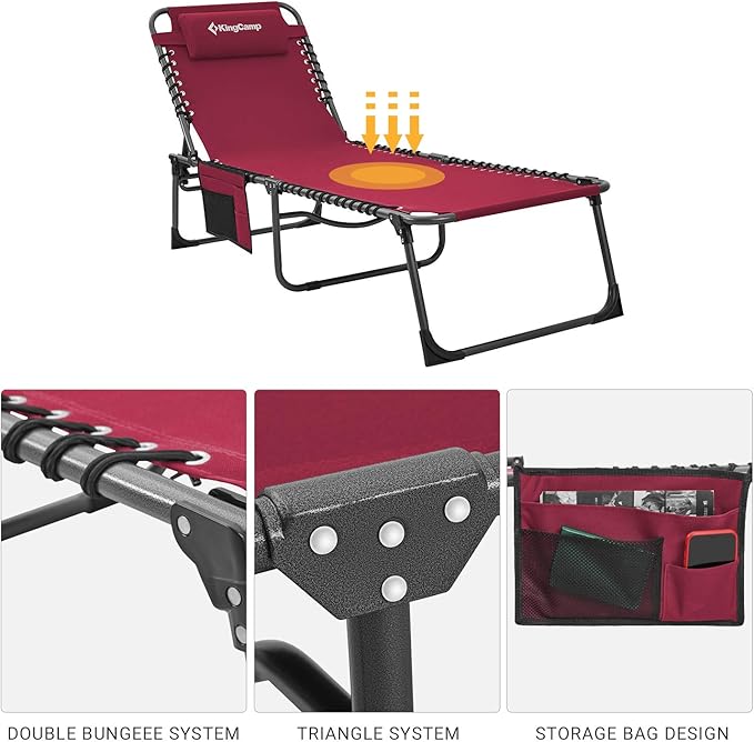 KingCamp Portable Folding Camping Cot Adjustable 4-Position Patio Reclining Lounger Chair with Pillow Pocket for Garden Yard Lawn Sunbathing Supports 265lbs