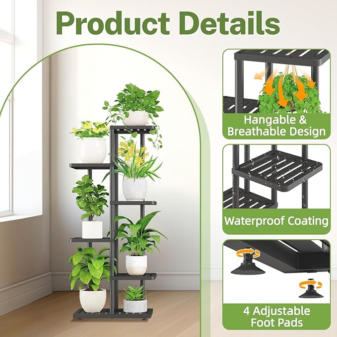 iDavosic.ly Plant Stand Indoor Outdoor, 5-Tier Tall Metal Flower Shelf for Heavy-Duty Large Planters, Corner Orchid Display Rack for Living Room Balcony Patio Porch, Space Saving, Modern Black
