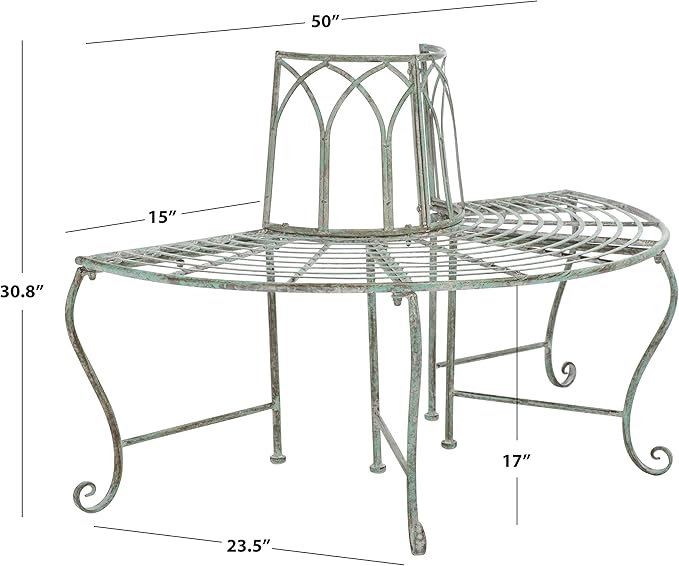 SAFAVIEH Outdoor Furniture Collection – Abia Antique Dark Green Distressed Wrought Iron 50-Inch Curved Tree Bench, Garden & Patio Seating (PAT5018D)