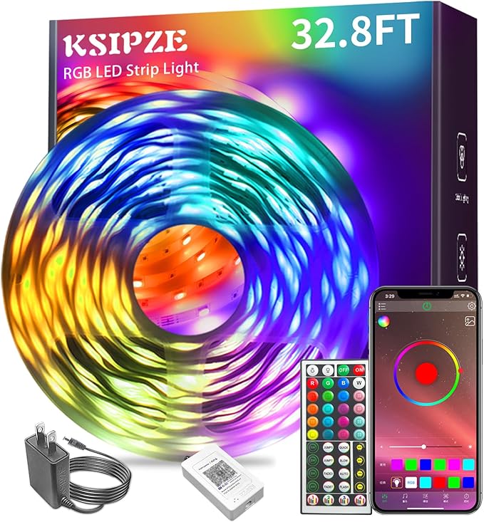 KSIPZE 32.8ft Led Strip Lights RGB Music Sync Color Changing Bluetooth Led Lights with Smart App Control Remote Led Lights for Bedroom Room Lighting