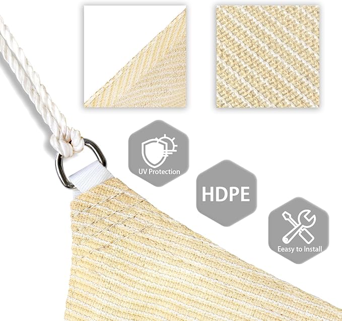 Patio Paradise 5' x 5' x 5' Sun Shade Sail Triangle Canopy Shade Cloth Fabric Sunlight Block Patio Pergola Cover HDPE Deck Awning for Outdoor Backyard Roof Shading, Beige