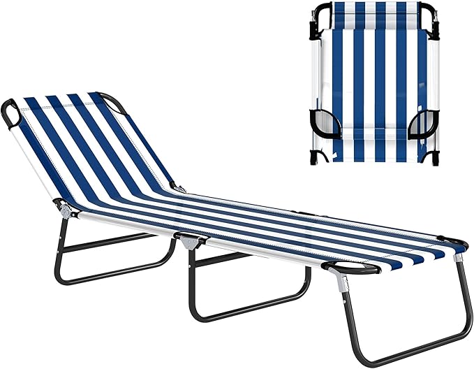 Outsunny Folding Chaise Lounge Pool Chairs, Outdoor Sun Tanning Chairs with 5-Level Reclining Back, Steel Frame for Beach, Yard, Patio, Blue and White