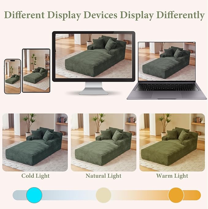 78.7" Chaise Lounge Chair Indoor, Oversized Boneless Couch Comfy Upholstered Sleeper Sofa Bed with 3 Pillows, Corduroy Cloud Reading Chair for Living Room No Assembly Required, Green