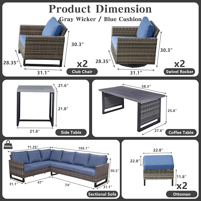 Belord Outdoor Sectional Furniture with Swivel Rocker Chair, 10 Pieces Wicker Patio Furniture Sets with Ottoman L Shaped Sofa Coffee Table Blue Cushion