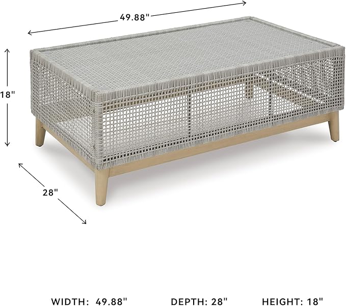 Signature Design by Ashley Seton Creek Casual Resin Wicker Outdoor Coffee Table with Tempered Glass Tabletop, Light Gray & Light Brown