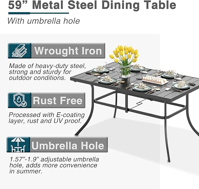 PHI VILLA 7 Piece Outdoor Dining Set for 6, Rectangular Wrought Iron Dining Table with Umbrella Hole & Cushioned Rattan Wicker Chairs for Patio, Deck, Yard, Porch