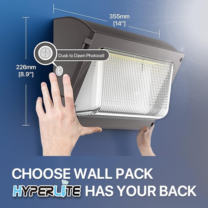 HYPERLITE LED Wall Pack Light 120W with Dusk to Dawn Photocell and Glass Lens LED Security Flood Commercial and Industrial Outdoor LED Wall Lights Out Door for House Warehouses UL Listed