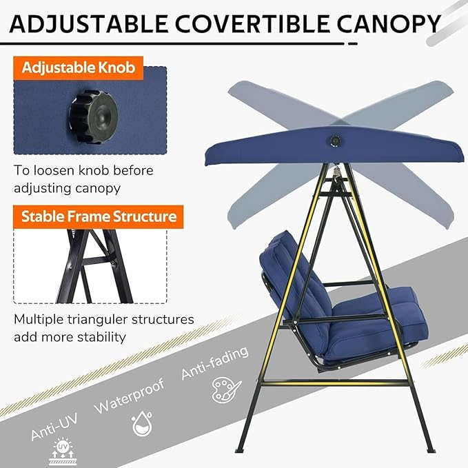 AECOJOY 2-Seat Outdoor Patio Swing Chair with Cover, Porch Swings Chairs for Adult, Outside Swing Bench with Adjustable Canopy&Removable Cushion, Blue