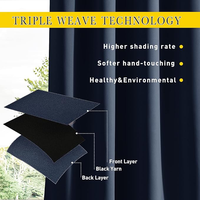 NICETOWN 2 Panels Outdoor Curtains for Patio Waterproof & Windproof, Extra Wide Grommet & Back Tab on Top & Bottom Thermal Insulated Sun Blocking Drapes with Rope for Deck, Navy Blue, W100 x L108
