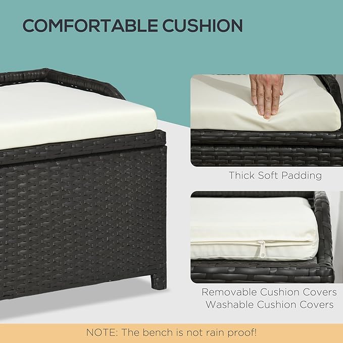 Outsunny 38 Gallon Outdoor Wicker Storage Bench Deck Box, PE Rattan Patio Furniture Pool Storage Bin Container with Interior Waterproof Cloth Bag and Comfortable Cushion, White
