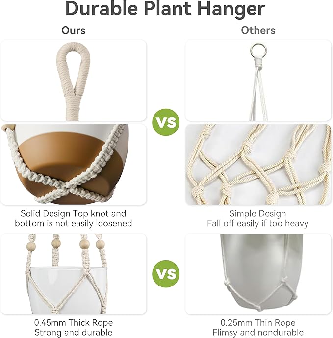 USLAI Macrame Plant Hanger Indoor Outdoor, Fits 4 to 15 Inch Pots, Strong Hanging Planter Holder, Boho Home Decor, 35 Inch, Ivory, Set of 2 (POTS NOT Included)