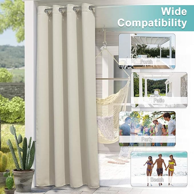 NICETOWN Outdoor Divider Curtain Waterproof for Patio 84 inch Length, Vertical Blinds Blackout Thermal Insulated Stainless Steel Grommet Top Slider for Outdoor Living, Beige, 1 Panel, W100 x L84