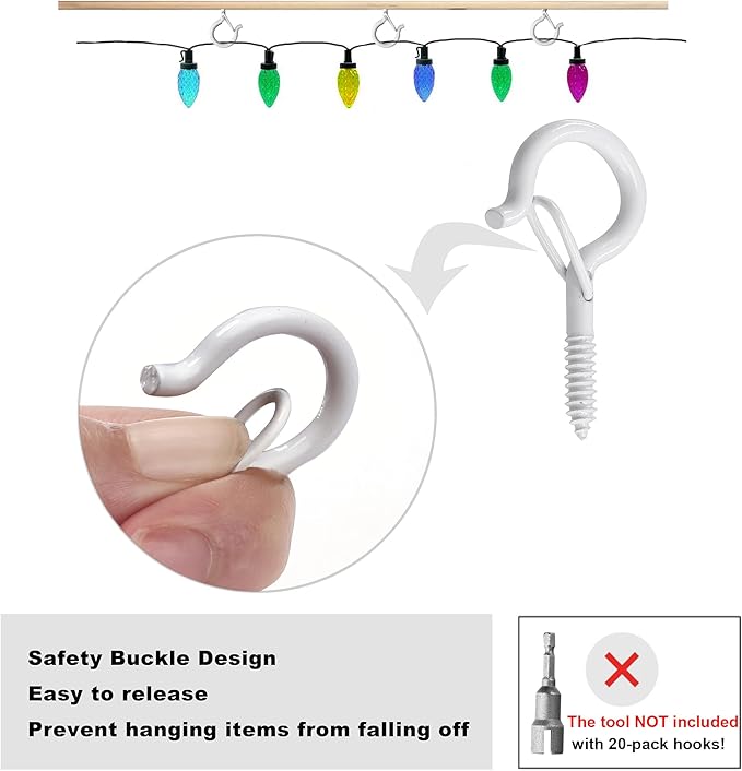 PlusRoc 20 Pack Ceiling Hooks for Hanging Plants Outdoor String Lights Heavy Duty, 2.2 Inch Eye Hook Screw in Cup Hooks Q-Hanger for Patio Lights, Wall Wood Fence Deck Mount(White)