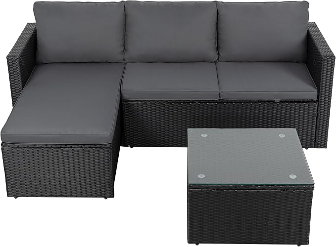 Shintenchi Outdoor Patio Furniture Sets, Small Outdoor Sofa Patio Sectional Sets 3-Piece All Weather Wicker Rattan Patio Seating Sofas with Glass Coffee Table and Cushion (Gray)