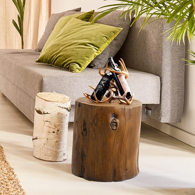 SUNBURY Stump Side Table, Concrete Side Table Garden Stool, Brown Tree Stump Plant Stand Holder for Garden Household Living Room