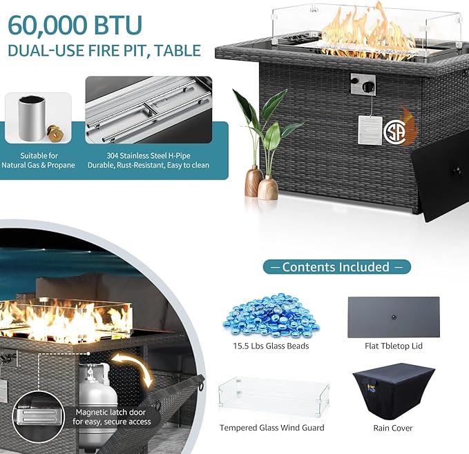 NICESOUL 11 Piece Patio Furniture Set with Fire Pit Table Natural Gas/Propane, 29.3'' High Back Large Outdoor Patio Sectional with Fire Pit & Chaise Lounge, Wicker Deep Seating, Turquoise & Grey