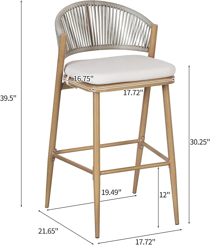 Christopher Knight Home Hearth 30.25" Patio Barstools Set of 2, Woven Wicker Counter Stool, Aluminum Frame Barstool, PE Rattan Scallop-Shape Backrest Woodlike Stool for Backyard Balcony, Maple