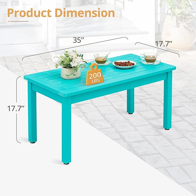 LUE BONA Outdoor Coffee Table Rectangle, HDPS Patio Coffee Tables for Outside, All Weather Patio Coffee Table with Slatted Tabletop for Deck, Garden, Balcony, Indoor or Outdoor Use, Aruba Blue