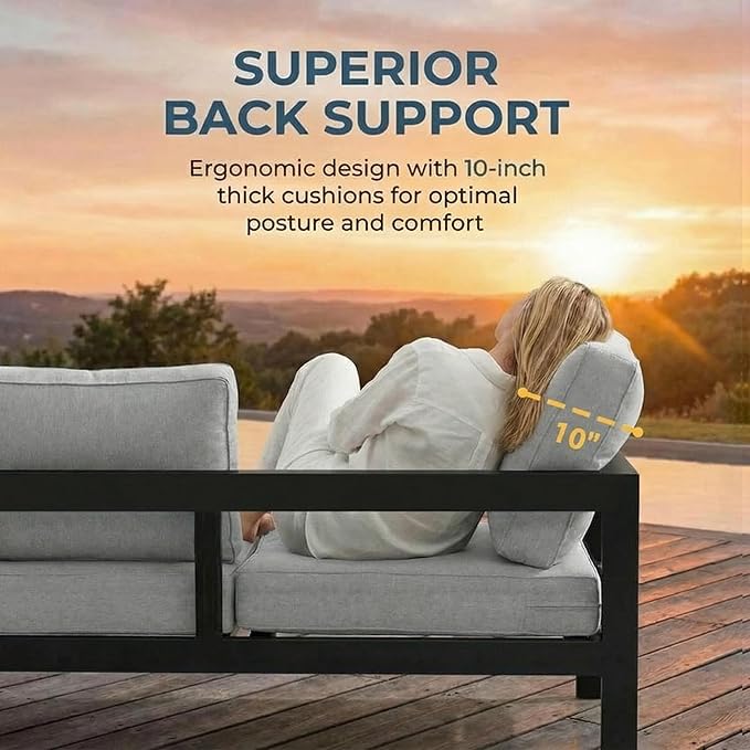 Solaste Aluminum Patio Furniture Set for All Weather, Oversized Metal Outdoor Furniture Set with 27.5" Deep Seating and 3.2" Wide Armrest, Patio Conversation Set with 10’’ Back Cushion, Black and Grey