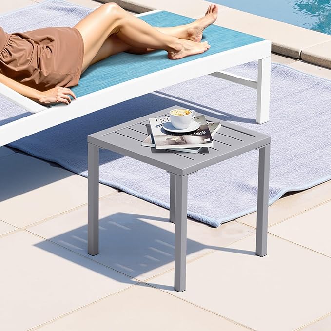 Crestlive Products Aluminum Outdoor Side Table, Pool Lounge Chair Side Table, Weather Resistant Small Square Coffee End Table for Patio, Yard, Garden, Porch, Deck, Indoor, Outdoor (Light Gray)