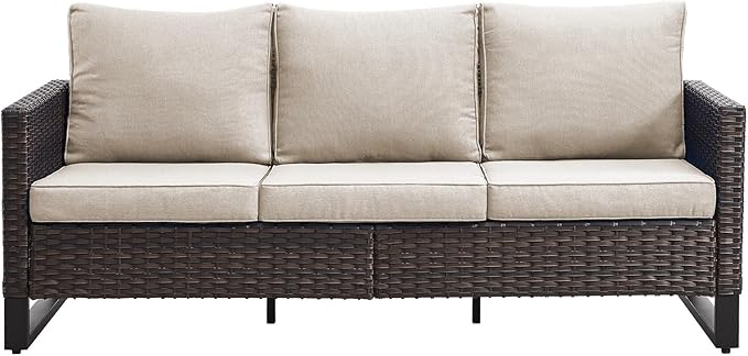 Belord Outdoor Couch Patio Furniture: Wicker Patio Sofa with Deep Seat High Back, 800Lbs Weight Capacity Oversize Outdoor Seating 3 Seater Rattan Couch, Anti-Rust Frame, Brown