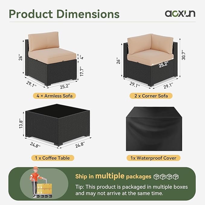 Aoxun 7 Piece Patio Furniture Set, Wicker Rattan Patio Sectional Sofa, Outdoor Furniture Set with Thickened Cushion, Beige
