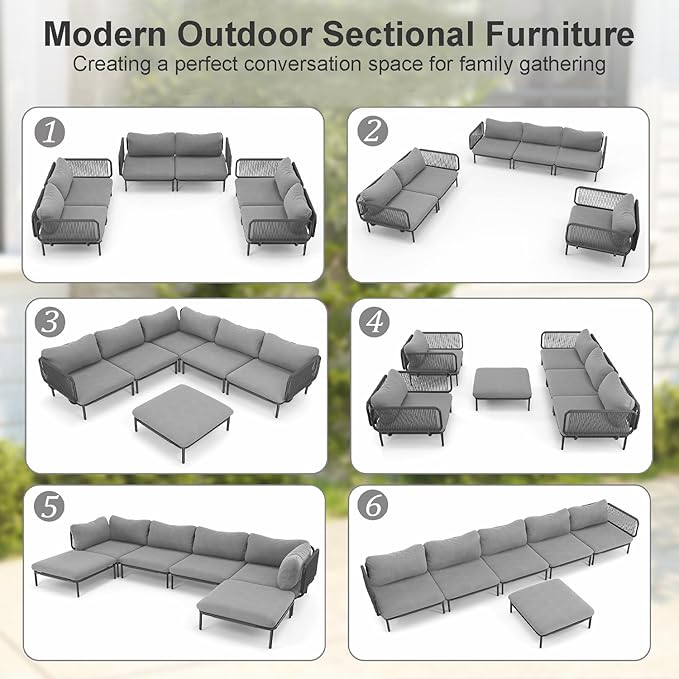 6-Piece Patio Furniture Set, 31" Oversized Outdoor Sectional Sofa with Olefin Woven Rope, Weather-Resistant Metal Frame Conversation Set for Backyard, Garden, Poolside - Dark Grey