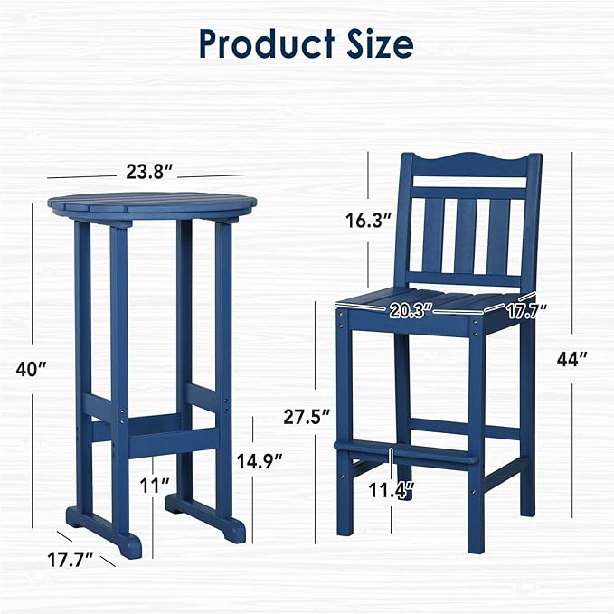 nalone Outdoor Bar Chairs and Table Set, HDPE Balcony Adirondack Chairs and Tables 3 Pieces Set, Outdoor Bar Stools for Garden, Yard, Backyard(Navy Blue, Bar Chairs with Table)
