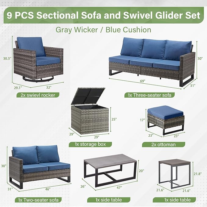 Belord Patio Conversation Set with Swivel Glider Chairs - 9 Piece Outdoor Sectional Furniture Set with Storage Box and Metal Top Table Gray Wicker/Blue Cushions