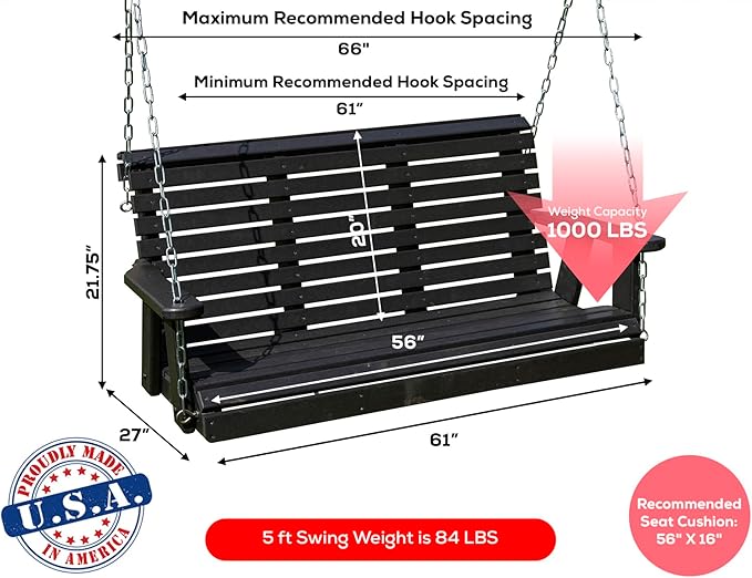 Poly Lumber Wood 5FT Porch Swing Amish Craftsmandship Made in USA HDPE with No wood fibers and 1000 lbs Limit. Stainless Steel Hardware.Signature Rollback design for Patio Outdoor Backyard Garden Park