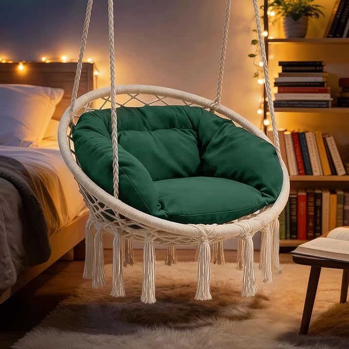 Monibloom Hanging Hammock Chair w/Dark Green Cushion, Porch Macrame Swing Chair Hanging Chairs, Max 350 Lbs Capacity Hanging Swing for Adults & Teens, Comfy Hammock for Relaxing Reading Napping, White