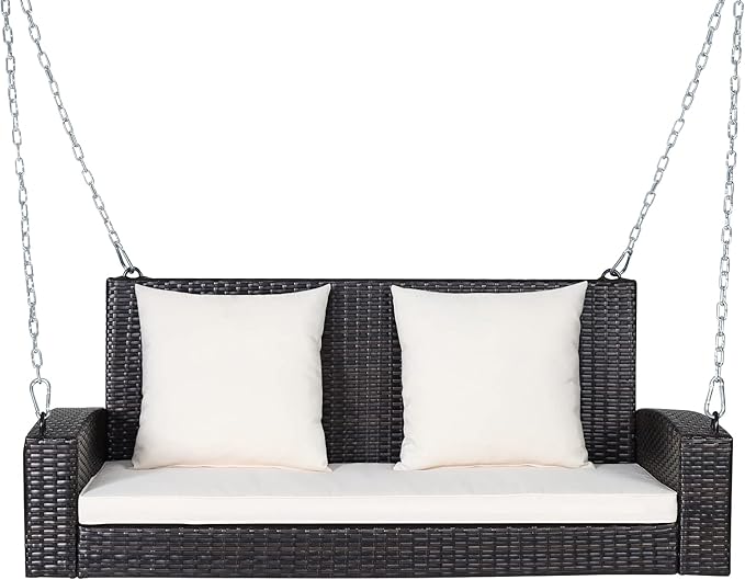 RELAX4LIFE Porch Swing 2-Seat Patio Rattan, Wicker Porch Swings Outdoor W/Two 7.9 Ft Solid Steel Chain, Comfortable Back & Seat Cushions, for Front Porch, Garden, Backyard Patio Swing (Beige)