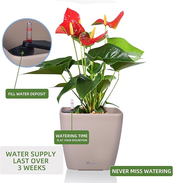 Dexceder 11x10 Self Watering Planter Indoor Outdoor, Inner Mat Design, Thickened Table Flower Plant Pot with Water Level Indicator (Taupe Matte)