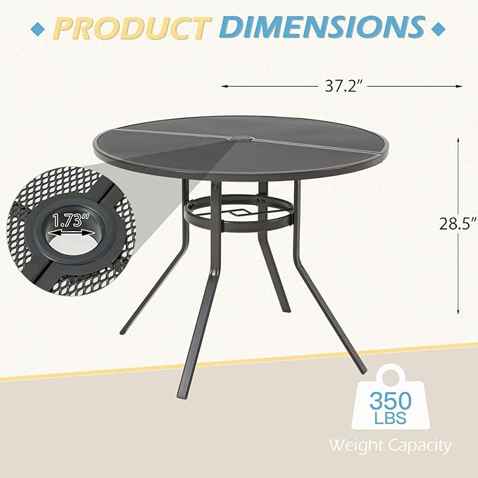 AECOJOY Outdoor Patio Dinning Table for 4, 37" Round Metal Patio Tables with 1.7" Umbrella Hole, Weather-Resistant Outside Table for Lawn Backyard Garden Porch Bistro Poolside Deck Dark Grey