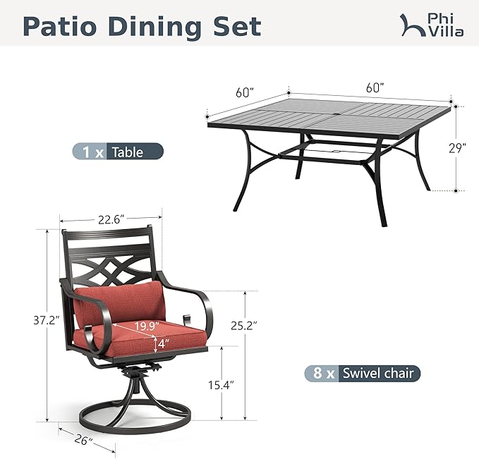 PHI VILLA 9 Pieces Outdoor Dining Set for 8, 60" Square Metal Table with Umbrella Hole & Wrought Iron Swivel Chairs, All Weather Outside Furniture with Red Cushions & Pillows for Patio, Deck, Porch