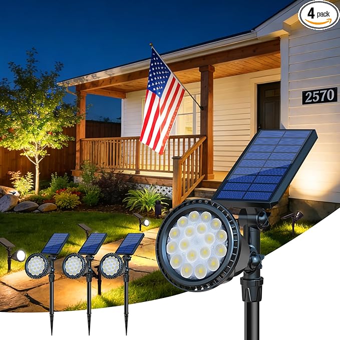 DBF Solar Outdoor Lights, 600LM Solar Spot Lights Outdoor Waterproof, 18 LED Auto On/Off Landscape Lighting Flag Pole Light for Garden Yard Pathway Garage Pool Patio(Warm White, 4 Pack)