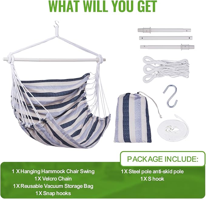 Backyard Expressions Striped Hammock Chair Hanging Rope Swing Chair, Anti Slip Steel Spreader Bar